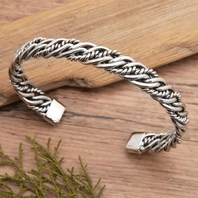 Primary image for Polished Sterling Silver Cuff Bracelet with Rope Details Classic Encounters