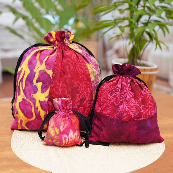 Alternate image for Upcycled Set of 3 Red and Pink Batik Patchwork Gift Pouches Flaming Joy