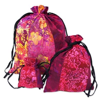Alternate image for Upcycled Set of 3 Red and Pink Batik Patchwork Gift Pouches Flaming Joy