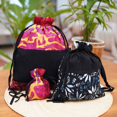 Alternate image for Upcycled Set of 3 Red and Pink Batik Patchwork Gift Pouches Flaming Joy