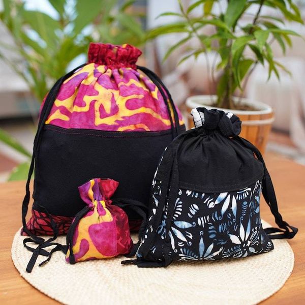 Alternate image for Upcycled Set of 3 Red and Pink Batik Patchwork Gift Pouches Flaming Joy