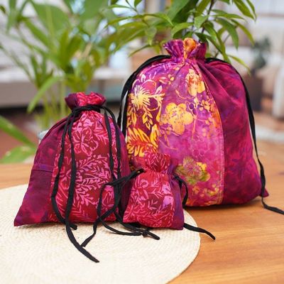 Alternate image for Upcycled Set of 3 Red and Pink Batik Patchwork Gift Pouches Flaming Joy