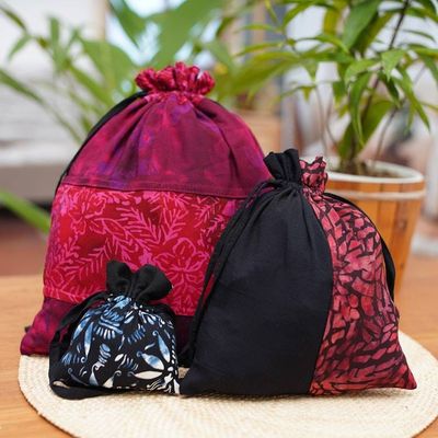 Alternate image for Upcycled Set of 3 Red and Pink Batik Patchwork Gift Pouches Flaming Joy