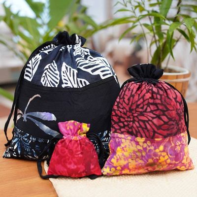 Alternate image for Upcycled Set of 3 Red and Pink Batik Patchwork Gift Pouches Flaming Joy