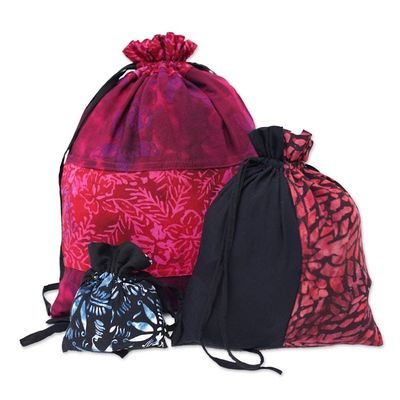 Alternate image for Upcycled Set of 3 Red and Pink Batik Patchwork Gift Pouches Flaming Joy