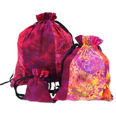 Alternate image for Upcycled Set of 3 Red and Pink Batik Patchwork Gift Pouches Flaming Joy