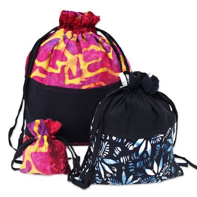 Alternate image for Upcycled Set of 3 Red and Pink Batik Patchwork Gift Pouches Flaming Joy