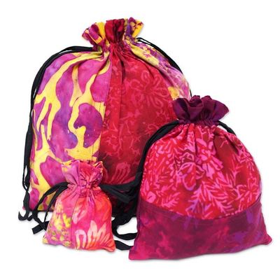 Alternate image for Upcycled Set of 3 Red and Pink Batik Patchwork Gift Pouches Flaming Joy