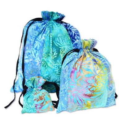 Alternate image for Eco-Friendly Set of 3 Blue and Green Patchwork Gift Pouches Serene Tropic