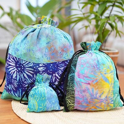 Alternate image for Eco-Friendly Set of 3 Blue and Green Patchwork Gift Pouches Serene Tropic