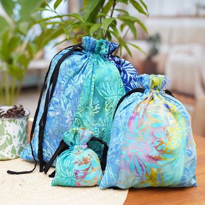 Alternate image for Eco-Friendly Set of 3 Blue and Green Patchwork Gift Pouches Serene Tropic