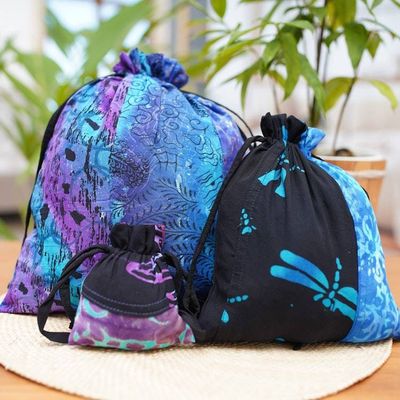 Alternate image for Balinese-Made Set of 3 Batik Patchwork Rayon Gift Pouches Nocturnal Fest