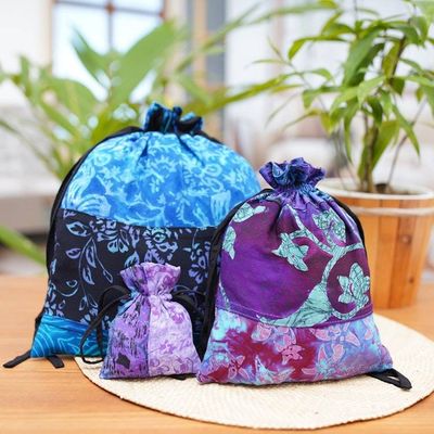 Alternate image for Balinese-Made Set of 3 Batik Patchwork Rayon Gift Pouches Nocturnal Fest