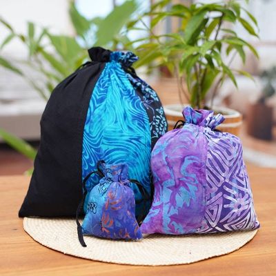 Alternate image for Balinese-Made Set of 3 Batik Patchwork Rayon Gift Pouches Nocturnal Fest