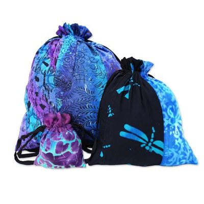 Alternate image for Balinese-Made Set of 3 Batik Patchwork Rayon Gift Pouches Nocturnal Fest