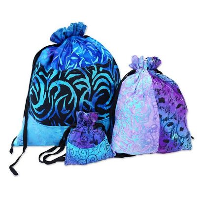 Alternate image for Balinese-Made Set of 3 Batik Patchwork Rayon Gift Pouches Nocturnal Fest