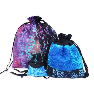 Alternate image for Balinese-Made Set of 3 Batik Patchwork Rayon Gift Pouches Nocturnal Fest