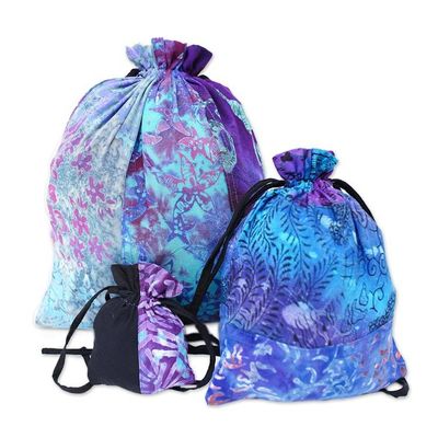 Alternate image for Balinese-Made Set of 3 Batik Patchwork Rayon Gift Pouches Nocturnal Fest