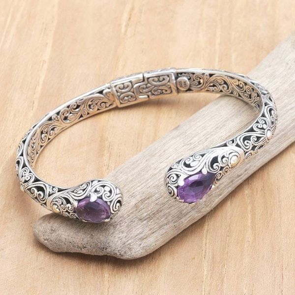 Alternate image for Balinese 18k Gold-Accented Cuff Bracelet with Amethyst Gems Purple Damsel