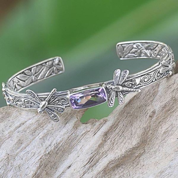 Alternate image for Handcrafted Sterling Silver and Amethyst Cuff Bracelet Amid the Dragonflies