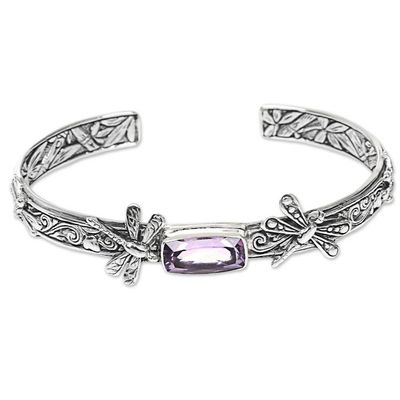 Alternate image for Handcrafted Sterling Silver and Amethyst Cuff Bracelet Amid the Dragonflies