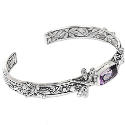 Alternate image for Handcrafted Sterling Silver and Amethyst Cuff Bracelet Amid the Dragonflies