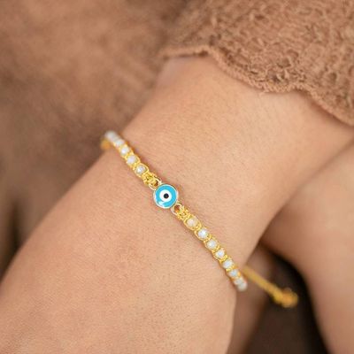 Alternate image for Turkish Eye Gold-Accented Aquamarine Resin Macrame Bracelet Iridescent Eye