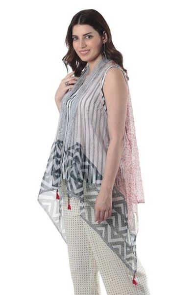 Alternate image for Block Printed Cotton Silk Blend Vest Mumbai Joy