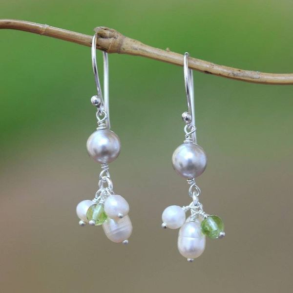 Alternate image for Cultured Pearl and Peridot Cluster Dangle Earrings from Bali Snow Drops