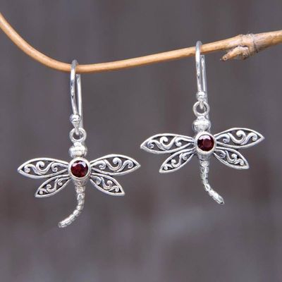 Primary image for Handcrafted Indonesian Silver and Garnet Earrings Enchanted Dragonfly