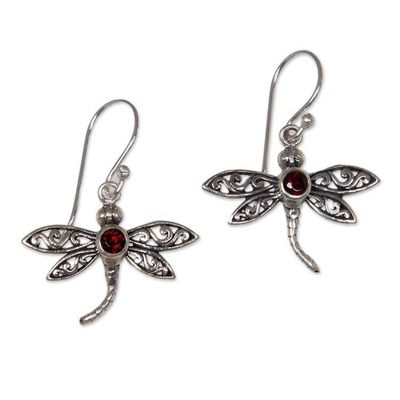 Alternate image for Handcrafted Indonesian Silver and Garnet Earrings Enchanted Dragonfly
