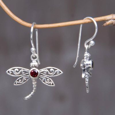 Alternate image for Handcrafted Indonesian Silver and Garnet Earrings Enchanted Dragonfly