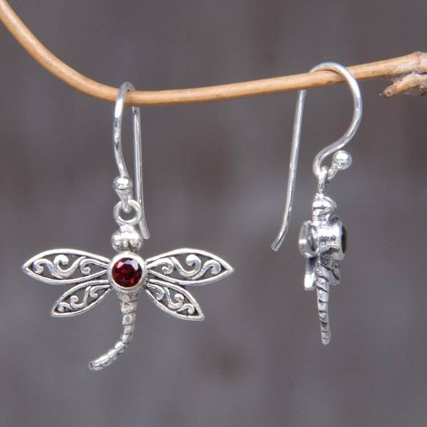 Alternate image for Handcrafted Indonesian Silver and Garnet Earrings Enchanted Dragonfly