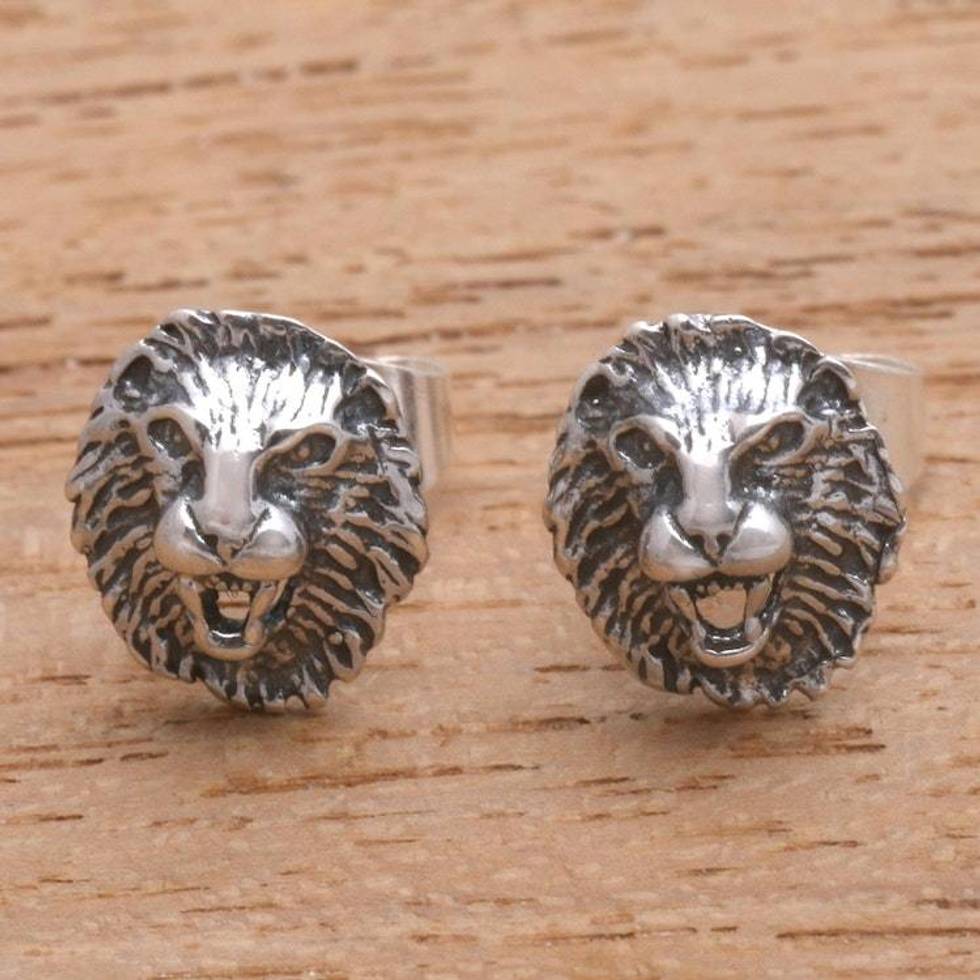 Sterling Silver Lion Stud Earrings from Bali 'Lion Mane'