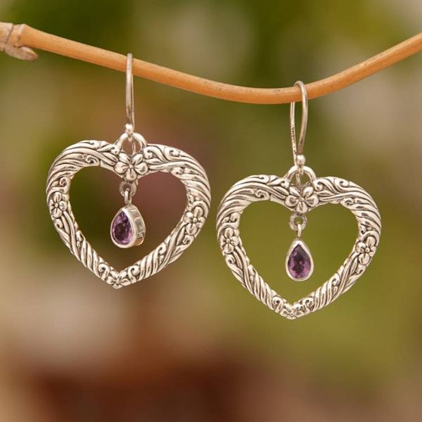 Alternate image for Floral Heart Amethyst and Sterling Silver Earrings from Bali Heartfelt Vines