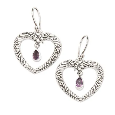 Alternate image for Floral Heart Amethyst and Sterling Silver Earrings from Bali Heartfelt Vines