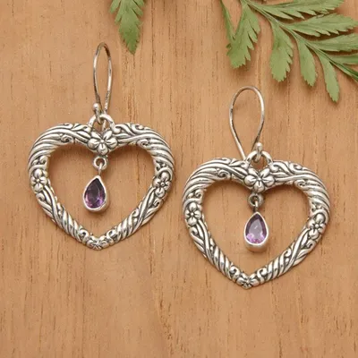 Alternate image for Floral Heart Amethyst and Sterling Silver Earrings from Bali Heartfelt Vines