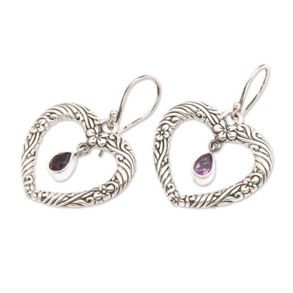 Alternate image for Floral Heart Amethyst and Sterling Silver Earrings from Bali Heartfelt Vines