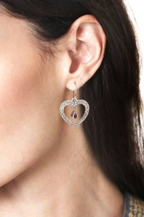 Alternate image for Floral Heart Amethyst and Sterling Silver Earrings from Bali Heartfelt Vines