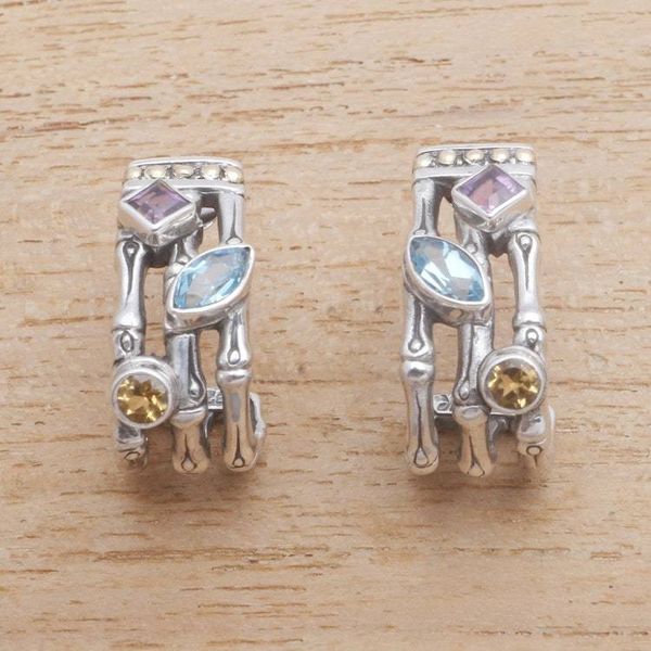 Alternate image for Gold Accent Multi-Gemstone Bamboo Half-Hoop Earrings Bamboo Glitter