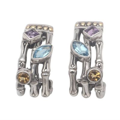 Alternate image for Gold Accent Multi-Gemstone Bamboo Half-Hoop Earrings Bamboo Glitter