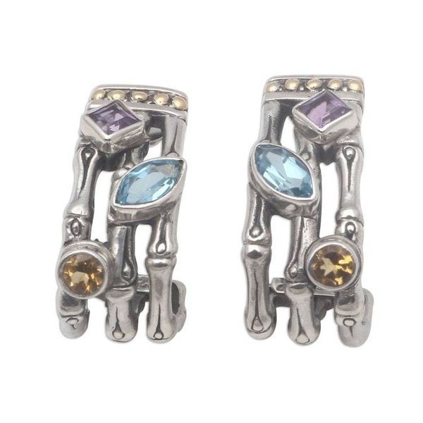 Alternate image for Gold Accent Multi-Gemstone Bamboo Half-Hoop Earrings Bamboo Glitter