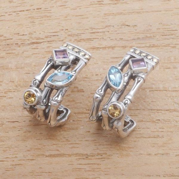 Alternate image for Gold Accent Multi-Gemstone Bamboo Half-Hoop Earrings Bamboo Glitter