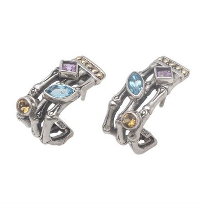 Alternate image for Gold Accent Multi-Gemstone Bamboo Half-Hoop Earrings Bamboo Glitter