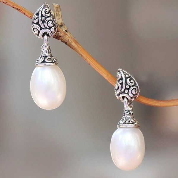 Alternate image for Buddhas Curl Cultured Pearl Dangle Earrings from Bali Classic Buddhas Curl