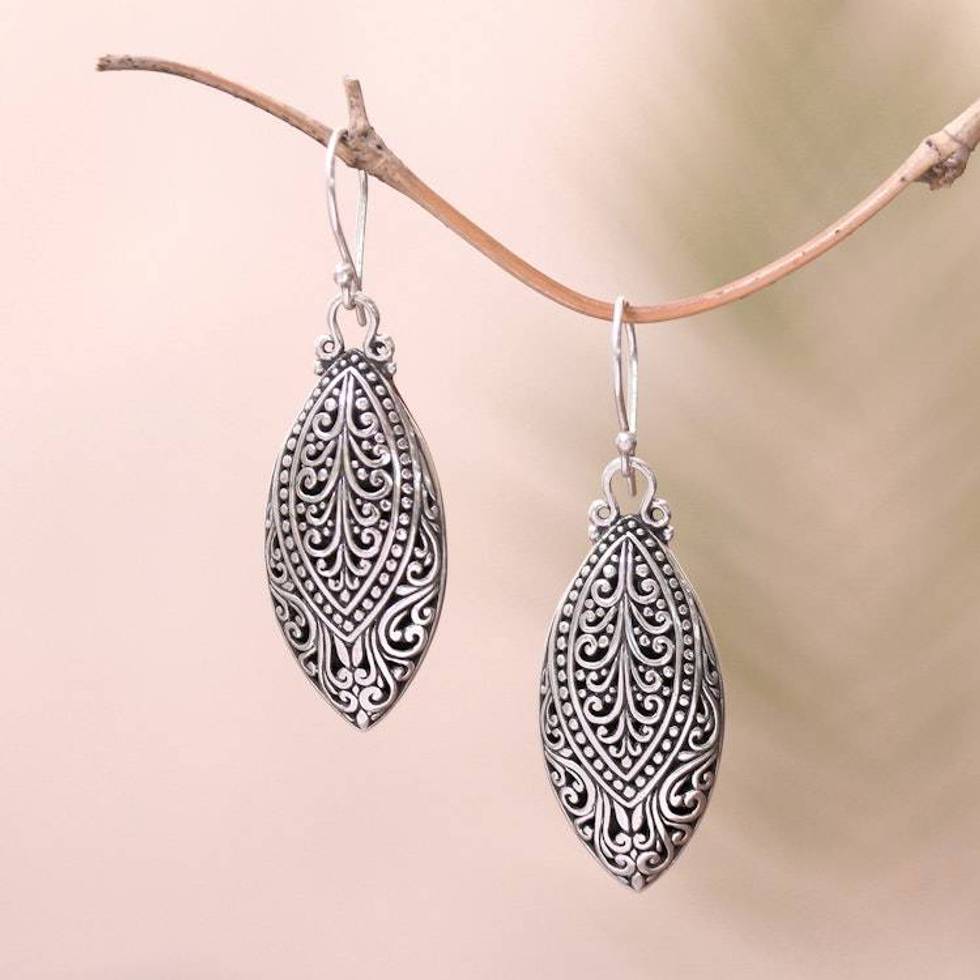 Swirl Pattern Sterling Silver Dangle Earrings from Bali 'Marquise Antiquity'