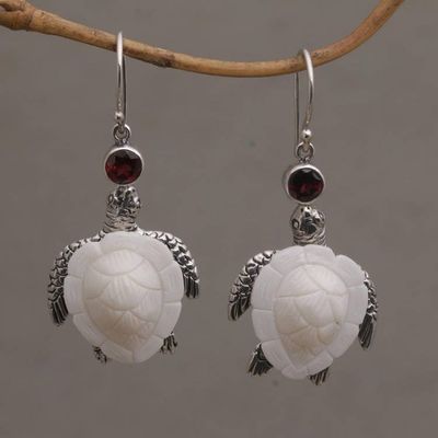 Primary image for Handmade Garnet and Bone Turtle Dangle Earrings from Bali Kurma Turtles