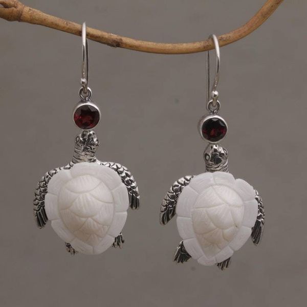 Alternate image for Handmade Garnet and Bone Turtle Dangle Earrings from Bali Kurma Turtles