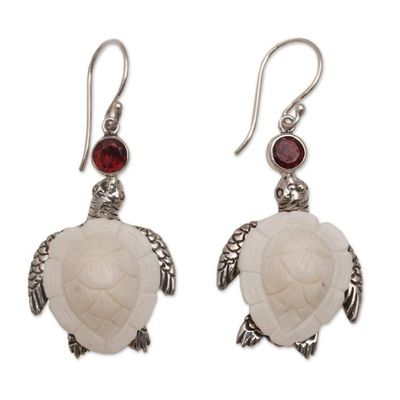 Alternate image for Handmade Garnet and Bone Turtle Dangle Earrings from Bali Kurma Turtles