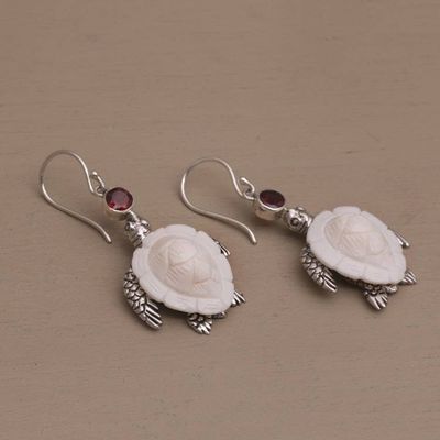 Alternate image for Handmade Garnet and Bone Turtle Dangle Earrings from Bali Kurma Turtles